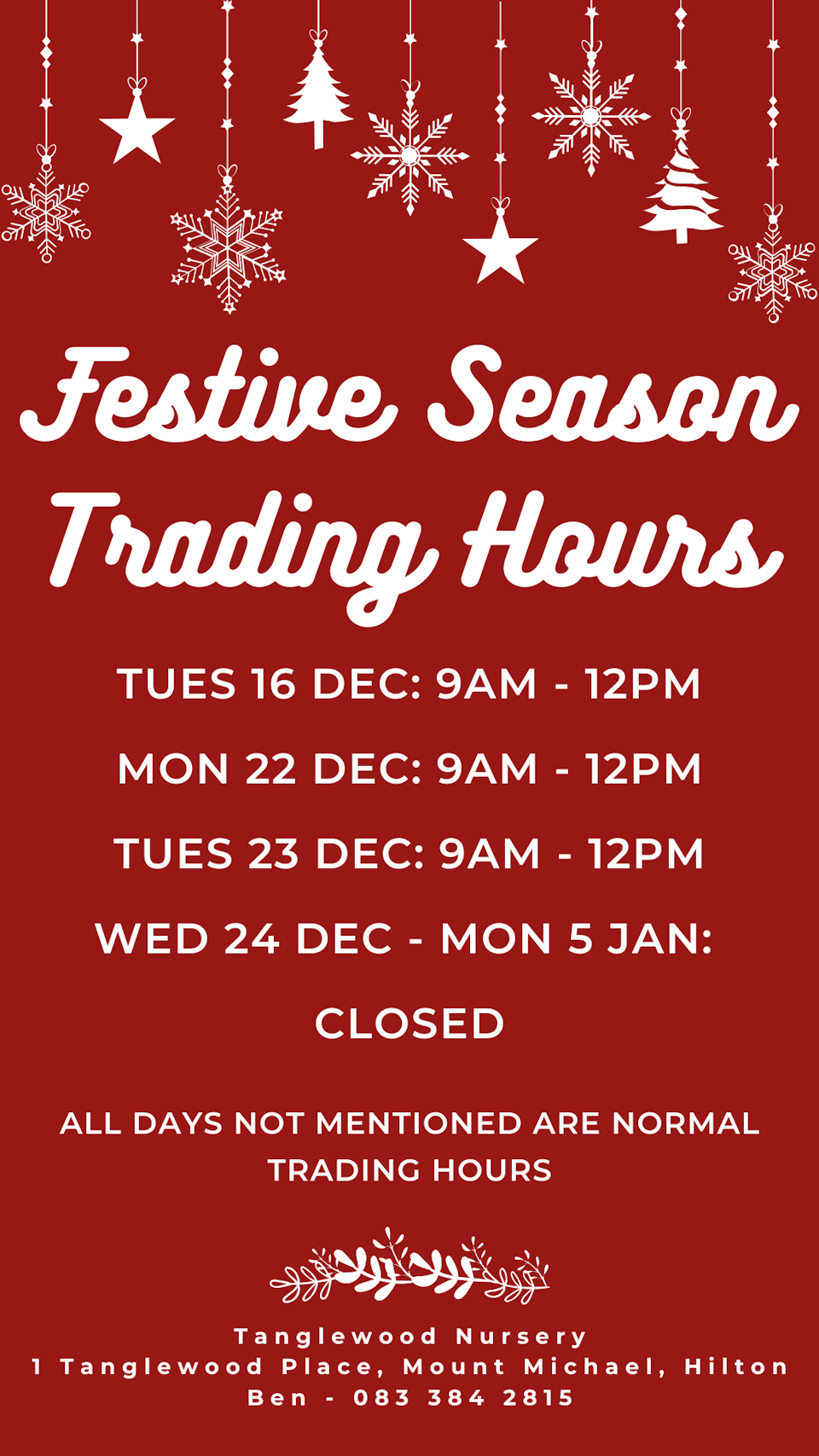 tanglewood holiday hours 2025
